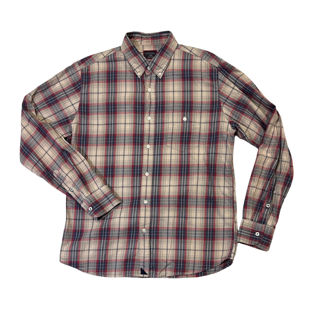 Untuckit Mens L Large Slim Fit Red Blue Plaid Button Casual Shirt Euc